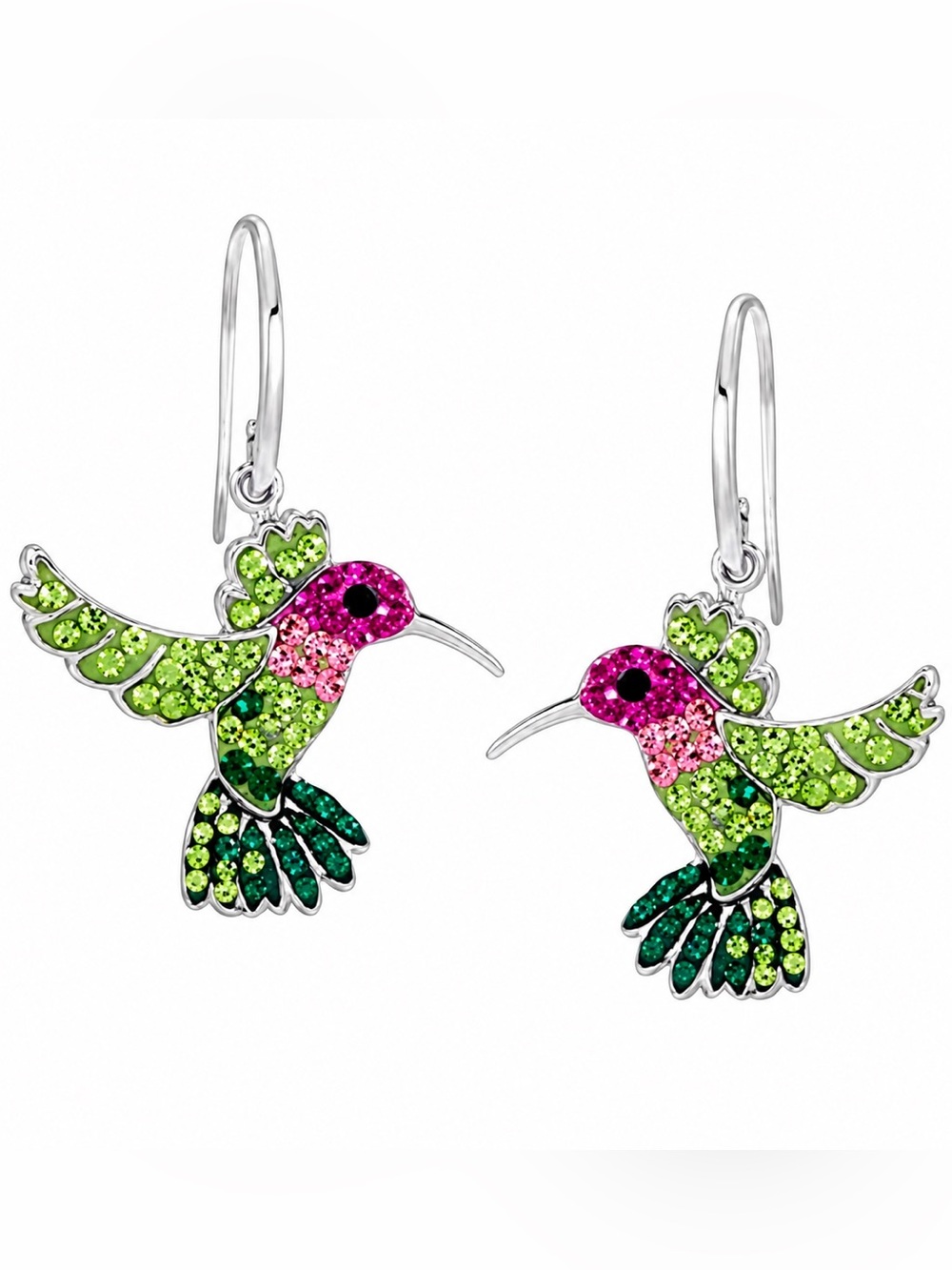 🌸 Hummingbird Crystal Dangle Earrings Pink Green Sparkling Bird